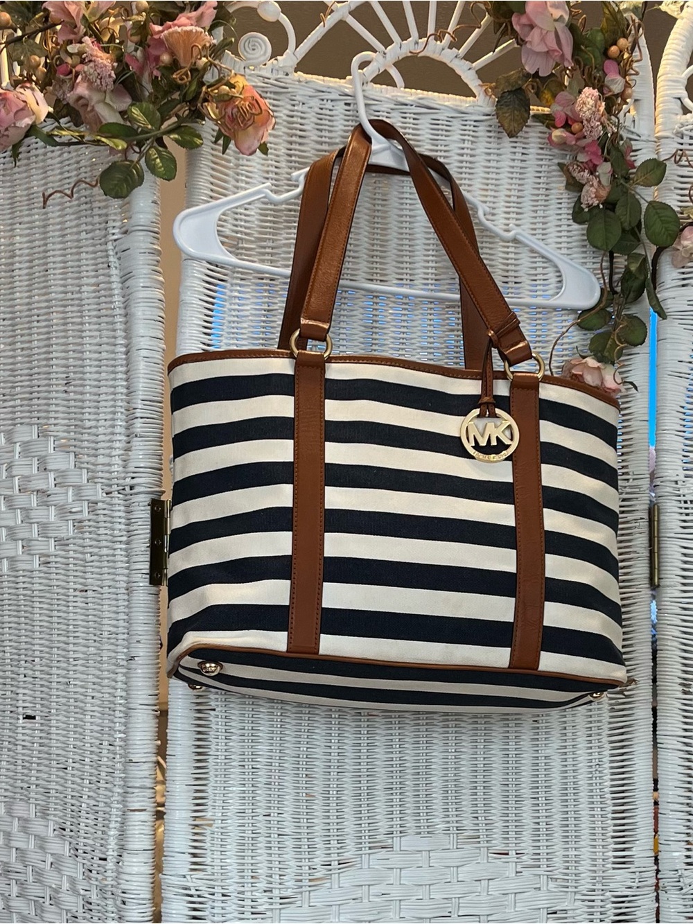 Michael Kors Navy White Striped Canvas Tote Bag Leather Trim